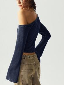 Bohemela 休闲纯色针织圆领喇叭长袖修身短款女式T恤露肩毛衣不对称肩长袖 - 藍色 - 查看 6