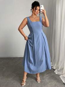 Elenzga Plus Size Women Square Neck A-Line Cinched Waist Elegant Dress, Bow, Birthday, Summer, Romantic, Graduation, Wedding Guest