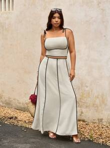 Elaquor 大码度假休闲撞色装饰吊带背心和裙子两件套 - 杏色 - 查看 5