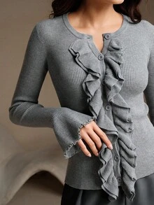 Anewsta 女士荷叶边灰色针织开衫 - 灰色 - 查看 1