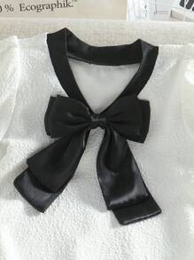 Girls Casual Loose V-Neck Textured Ruched Fabric Bowknot Decor Shirt - White - View 4