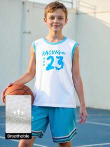 JNSQ Tween Boy Back To School Outdoor Sports Loose Fit Vest, Children's Round Neck Contrast Color Splicing Front Graphic Print Outdoor Sports Loose Fit Vest Top
