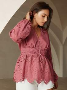 Aveloria Rosie Plus Size Women's Elegant Embroidered V-Neck Long Sleeve Fitted Shirt Fall Cloth For Women