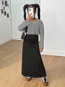 SHEIN Tween Girls Striped Loose Top + Strap Maxi Dress 2 Piece Set, Casual Daily Fashion Versatile Outfit Girls Black And White Stripe Shirt Long Black Skirt Skirt Two Piece Set Girls Black And White Striped Top And Black Maxi Skirt Set Teen Girl Skirt Set Girls Black And White Striped Top And Skirt Set Black And White Striped Shirt And Black Skirt - Black - View 1