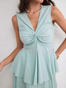 Modelyn Women's Sleeveless Solid Color Twist Knotted Top & Pleated Midi Skirt 2 Pieces Set, Elegant Summer - Mint Green - View 6