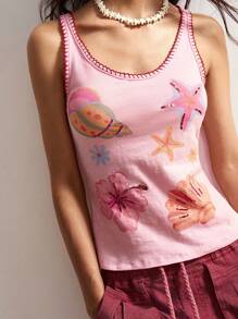 Bohemela Pink Summer BOHO Beach Holiday Women Tank Top,Tropical Floral Seashell Graphic Pattern Beaded Knit Slim Fit Sleeveless Casual Vacation Style Tee - Pink - View 4