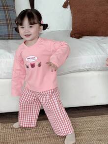 Dazy Kids 女婴卡通短袖休闲T恤和格子休闲裤睡衣套装，幼儿秋季服装 - 淺粉色 - 查看 6