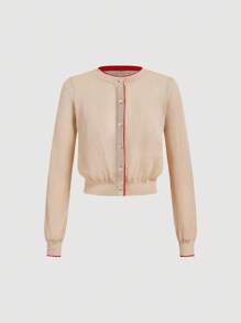 SHEIN MOD Cárdigan casual de mujer con ribete de contraste y botones delanteros semitransparentes, básicos casuales cómodos y acogedores del estilo de los 90s, ideal para el uso diario en otoño/invierno - Caqui - Ver 1