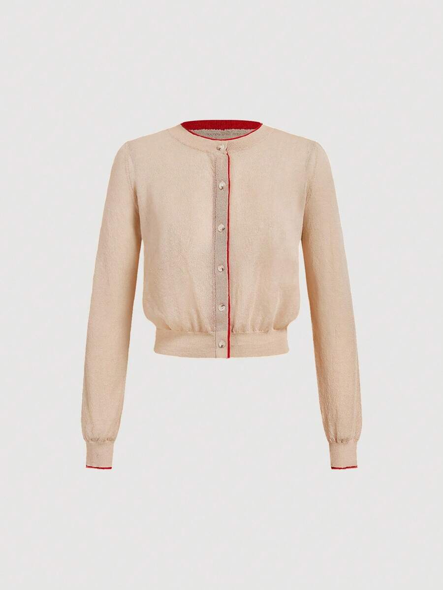 SHEIN MOD Cárdigan casual de mujer con ribete de contraste y botones delanteros semitransparentes, básicos casuales cómodos y acogedores del estilo de los 90s, ideal para el uso diario en otoño/invierno - Caqui - Ver 1