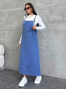 EURMUSE Women's Casual Loose Pocket Design Denim Overall Dress - Dusty Blue - View 4