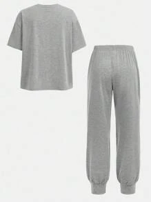 SHEIN 2 件青少年女孩休闲简约字母图案圆领短袖 T 恤和裤子家居服套装 - 灰色 - 查看 2
