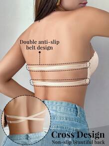 SHEIN 1pc Women Lace Plunging Backless Bra With Wire, Gather And Lift For Small Bust, Strapless And Adjustable Strap Design - Apricot - View 2