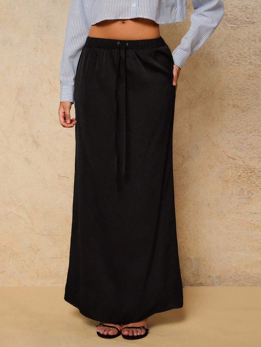 COSMINA Falda de satén de unicolor casual para ir y venir, faldas negras para verano/otoño