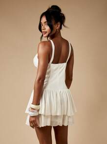 MISSGUIDED Lace Up Corset Mini Dress Waterfall Ruffle Hem Chiffon Layered Wedding Guest Reception Summer Spring Elegant Bridal Shower Party - White - View 2