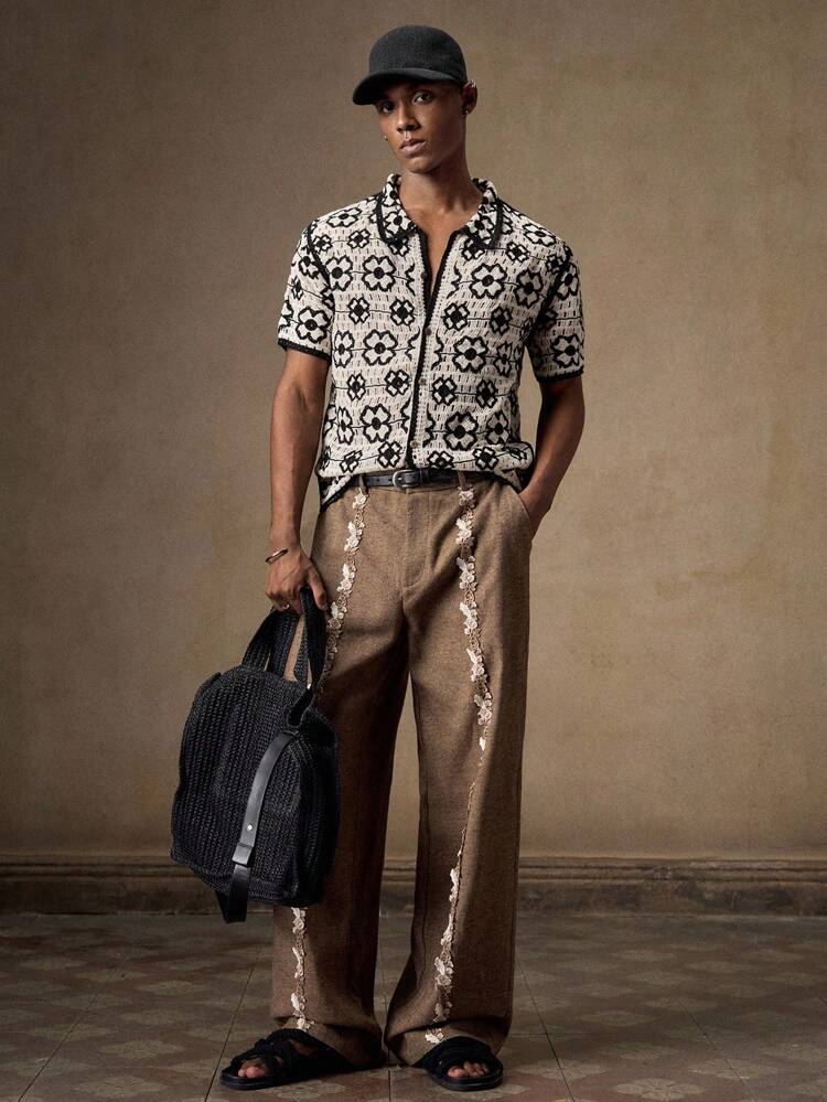 Men's Knitted Floral Cardigan Fall Sweater, Black & White, Fashionable Slim Fit Short Sleeve Casual Knit Top, Suitable For Summer, Vacation, Daily Wear, Party, Couple, Men's Gift, Anniversary