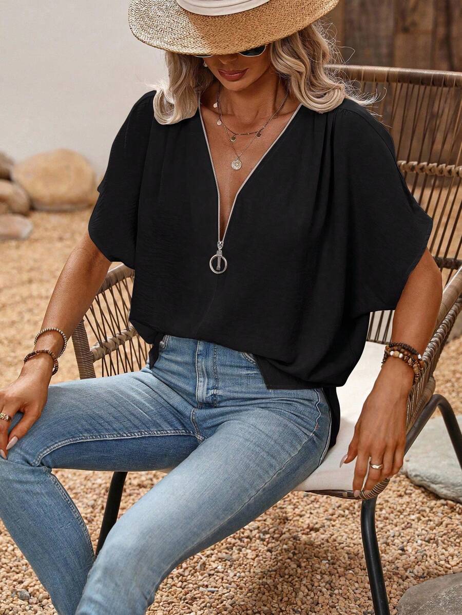 EMERY ROSE 女式夏季纯色拉链半襟蝙蝠袖短袖宽松衬衫 - 黑色 - 查看 1