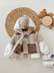 SHEIN Newborn Baby Girls Cute Plush Hooded Jacket, Checkered Pattern, Versatile For Autumn/Winter Fall Neutral - Multicolor - View 6