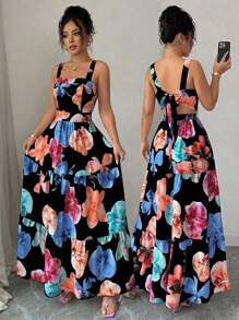 Elenzga Đầm suông hở eo họa tiết hoa dành cho nữ mặc đi nghỉ, đi làm và mặc hàng ngày - màu đen - Xem 1