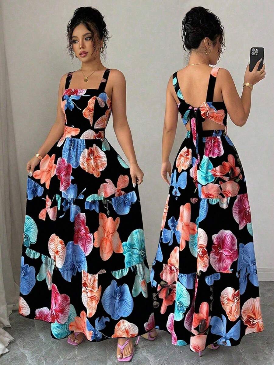 Elenzga Đầm suông hở eo họa tiết hoa dành cho nữ mặc đi nghỉ, đi làm và mặc hàng ngày - màu đen - Xem 1