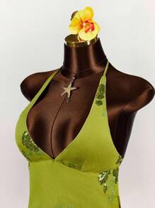 Amplova 2件套亮片花卉刺绣深V露背露背短款上衣和前开叉裹身裙 - 綠色 - 查看 6