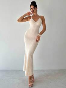 Firerie Robe longue en tricot coupe slim ajustée, à col en V profond et dos nu, couleur abricot, robe pull pour le printemps/été, robe de vacances sexy