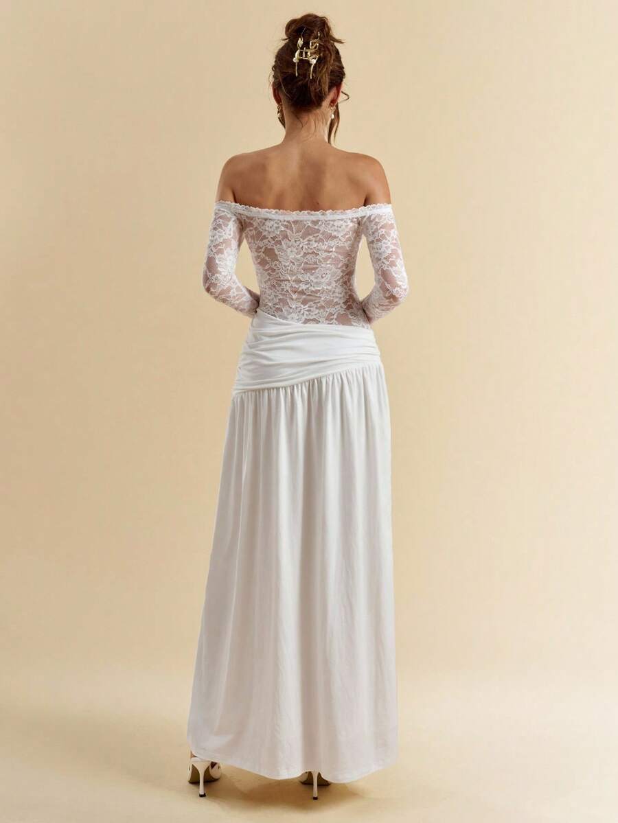 SHEIN BAE Women's White Long Sleeve One Shoulder Lace Patchwork Knit Top With High Split Dress - White - View 1