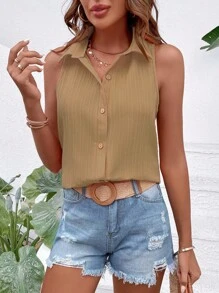 SHEIN LUNE 夏季无袖休闲纯色衬衫 - 卡其色 - 查看 4