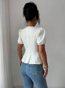 Elenzga Puff Sleeve Ruffled Hem Square Neck Square Neck Waist Decorated Pearl Detail Elegant Romantic Cream Yellow Ladies Blouse