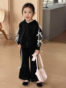 SHEIN 2pcs Young Girl Set: Hooded Sweatshirt With Ribbon & Bow Detail, And Sport Pants, Casual Cute Korean Style Young Girl Girls' Round Neck Knitted Sweaters Set, Fall Back To School Clothes Fall Clothes For Kids Winter Clothes - Black - View 5