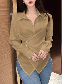 SHEIN Unity 女士纯色前纽扣长袖衬衫领简约衬衫，休闲日常穿着 - 卡其色 - 查看 4
