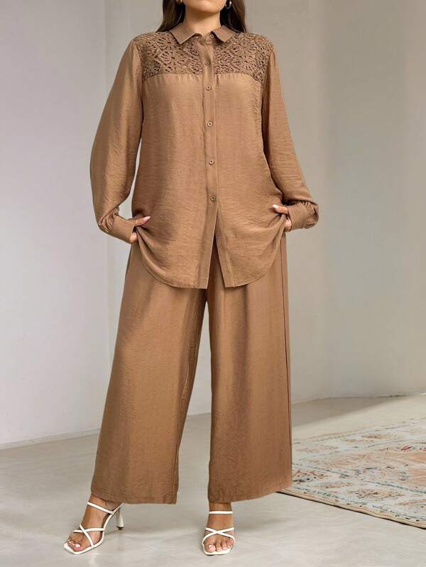 Lacomfia Conjunto modest árabe de camisa de manga larga con encaje de contraste y pantalones palazzo para mujer talla grande