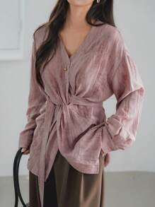 Dazy-Less 女士宽松办公风亚麻扎染印花不对称抽绳长袖衬衫，配扭结，适合春夏秋季穿着，商务休闲女装外出上衣 - 粉色 - 查看 1