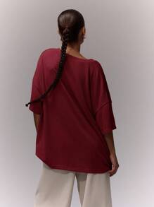 MUSERA Áo thun cổ chữ V dáng rộng, phong cách thường ngày, thoải mái, dễ thương, thích hợp mặc đi sân bay, đi học, mùa thu, mùa xuân, mùa hè, ngày lễ. - Màu Đỏ Sâu - Xem 2
