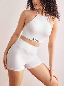 SHEIN Yoga Letter Tape Wireless Bra & Boyshorts Lingerie Set Sports