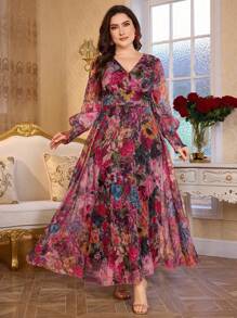 Modelyn 全新奢华优雅蓬松V领长袖连衣裙 - 玫紅色 - 查看 4