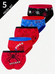 Set de 5 calzoncillos tipo bóxer de algodón con estampado de araña, transpirables, para niños pequeños