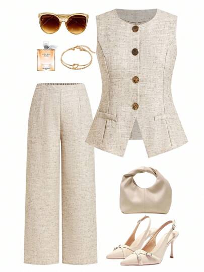 Ellevyn Conjunto casual de 2 piezas de talla grande para mujer compuesto por chaleco de solapa y pantalones