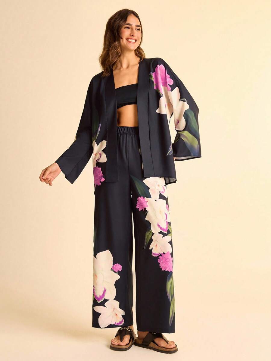 CAJUNI 2 件女式花卉印花长袖和服衬衫和裤子假日套装 - 波西米亚风格女装，图案 - 彩色 - 查看 1