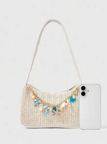 ROMWE Fairycore 1 Set Woven Beach Tote Bag And Accessories, Fashion Personalized Beach Resort Style Ladies Handbag (Includes 1 Bag And 1 Accessory Set) - Beige - View 3