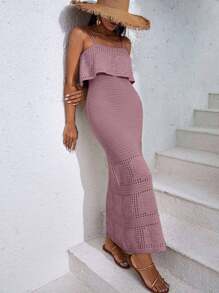 EURMUSE Vacation Casual Solid Color Hollow Out Knit Slip Dress - Dusty Pink - View 5