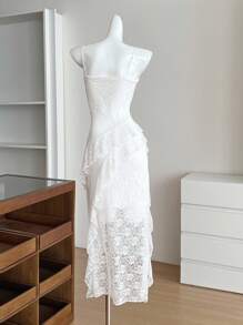 INAWLY Women Elegant Contrast Lace Ruffled Hem Split Strap Dress - White - View 2