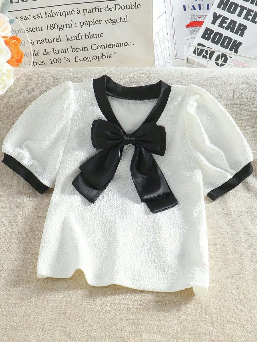 Girls Casual Loose V-Neck Textured Ruched Fabric Bowknot Decor Shirt - White - View 1
