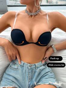 SHEIN Knitted Fabric Sticky Push Up Bra With Invisible Straps For Casual Outfits - Black - View 5