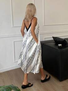 DAZY Women's Contrast Piecing Wrapping Pattern Full Print Camisole A-Line Nightgown Pajama - White - View 5