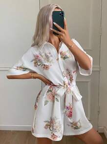 DAZY 花卉印花束腰女式连体睡衣睡衣 - 白色 - 查看 1