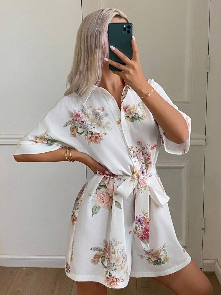 Floral All Over Print Cinched Waist Women's Jumpsuit Sleepwear Pajama