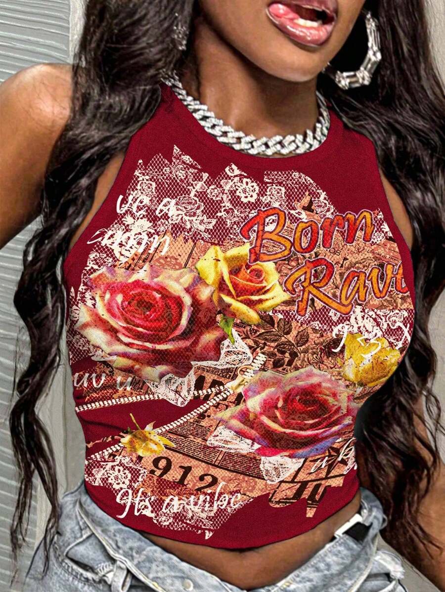 Slaydiva 2025 春夏街头 Y2K，报纸补丁，垃圾摇滚，玫瑰花朵印花，休闲简约圆领修身女士背心，适合夏季玫瑰背心女式图案背心女式玫瑰背心女式背心女式图案背心适合外出