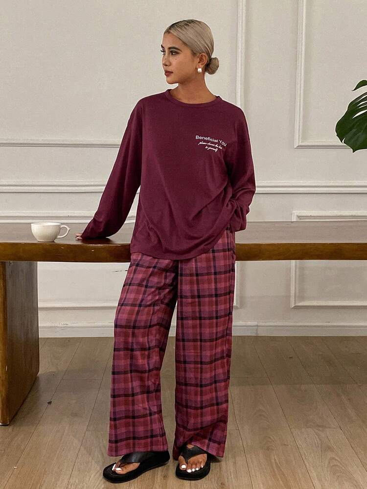 2pcs Women's Loose Long Sleeve Top & Plaid Long Pants Pajama Set With English Text Print, Fall Clothes