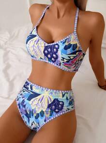 Swim Vcay 2 件套女士夏季沙滩装，随机颜色花卉印花吊带上衣和高腰下装泳衣 - 彩色 - 查看 1