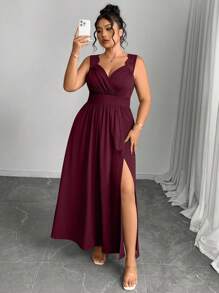 SHEIN Elenzya 加大码 V 领撞色蕾丝细肩带 A 字开衩连衣裙 - 酒紅色 - 查看 8